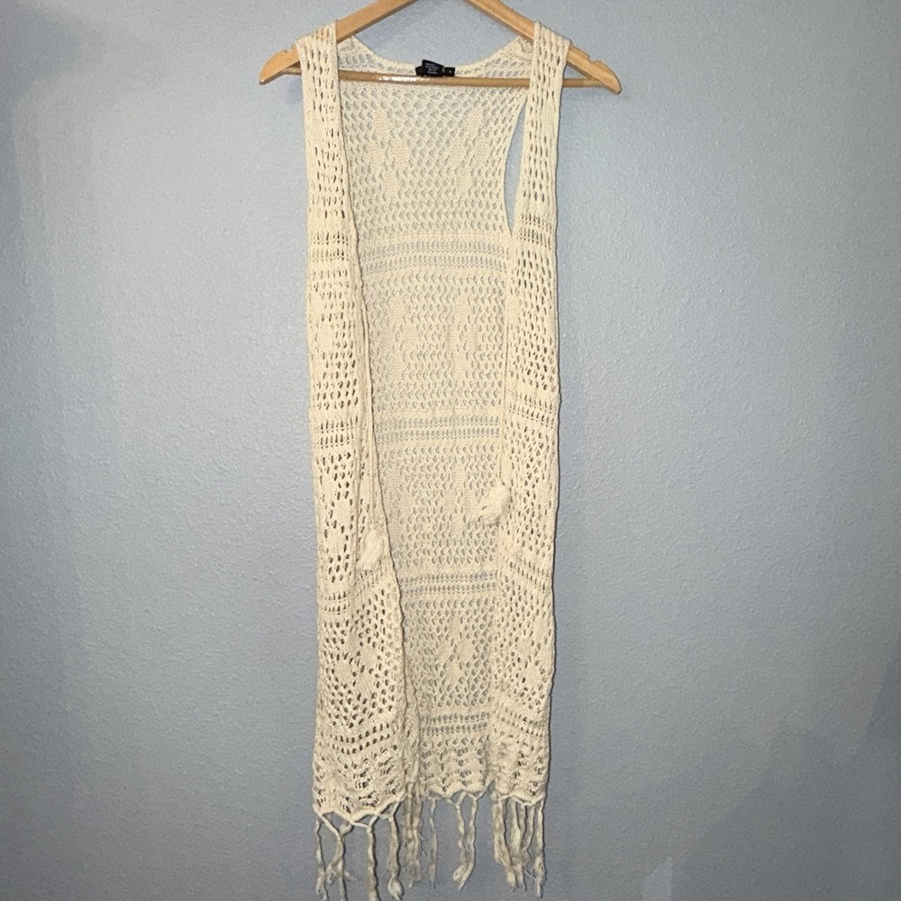 Joe & Elle Crochet Duster Vest Boho Festival Fringe Sleeveless Long Cardigan M